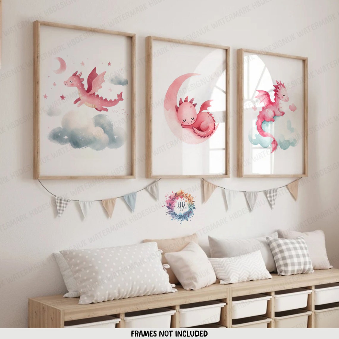 Pink Dragon Nursery Prints - Set of 3 Wall Art | Boys and Girls Bedroom ...