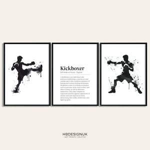 Set di stampe con la definizione di kickboxer - 3 poster di kickboxing / Opera d'arte di boxe maschile / Arte murale sportiva per ragazzi / Decorazione per palestra / Regalo per istruttore e insegnante