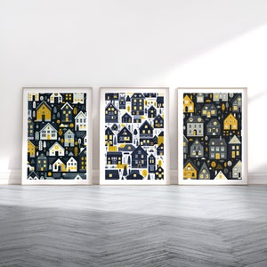 Scandi Houses Poster Set - 3 Scandinavian Style Artwork | Retro Art | Scandanavian Design | Black House Decor | Nordic Home Wall Print