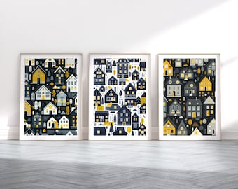 Conjunto de pósteres de casas escandinavas: 3 obras de arte de estilo escandinavo, arte retro, diseño escandinavo, decoración de casas negras, impresión de pared nórdica para el hogar.