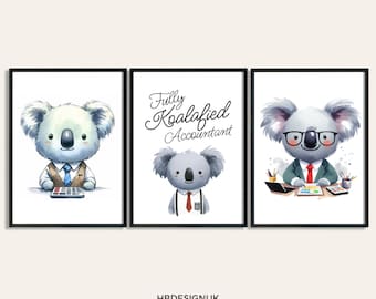 May include: Three printable art prints featuring a koala wearing a suit and tie. The first print shows the koala holding a calculator. The second print has the text "Fully Koalafied Accountant". The third print shows the koala sitting at a desk with a laptop, pencils, and a paint palette.