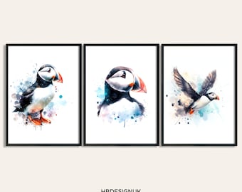 Puffin Poster Set - Set of 3 Prints | Watercolor Puffins Painting | Present Picture | Animal Wall Art | Bird Gifts | Birthday Bedroom Decor