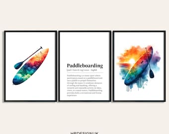 May include: A set of three watercolor illustrations of paddleboards with a definition of the word "paddleboarding" in the center. The definition explains that paddleboarding is a water sport where participants stand on a paddleboard and use a paddle to propel themselves through the water. It combines elements of surfing and kayaking, offering a versatile and enjoyable activity on lakes, rivers, or coastal waters. Paddleboarding provides both a recreational and fitness experience.