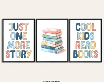 Kids Reading Print Set - Set of 3 Prints | Watercolour Book Design | Home Library Decor | Bedroom Wall Art |  Books Lover | Bookish Gift