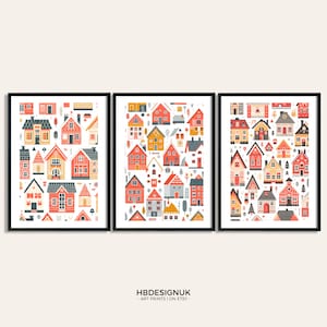 Scandinavian Houses Wall Art Set - 3 Scandi Style Prints | Scandi Poster | Scandanavian Design | Orange House Artwork | Nordic Home Decor