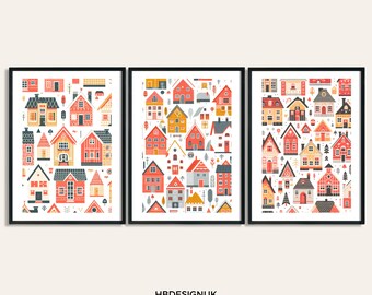 Conjunto de arte de pared de casas escandinavas - 3 impresiones de estilo escandinavo / cartel escandinavo / diseño escandinavo / obras de arte de la casa naranja / decoración del hogar nórdico