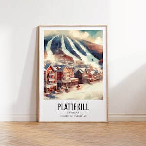 Plattekill Ski Poster Print - Watercolour Art Decor  | Travel Wall Artwork | Skiing Gifts | New York | Mountain Ski Resort | Gift Snowboard