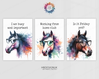 Funny Home Office Posters - Set of 3 Prints | Horse Quotes Decor | Work From Home Wall Art | WFH Gifts | Coworker Workplace Pictures