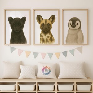 Baby Animal Nursery Prints - Safari Animal Wall Art, Baby Boys Bedroom Decor, Safari Watercolour Print, Girls Room, Kids Playroom