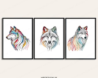 Minimalist Wolf Wall Art - Animal Art Print | Wolf Prints Artwork | Vibrant Wolf Decor | Colourful Line Art Poster | Abstract Design
