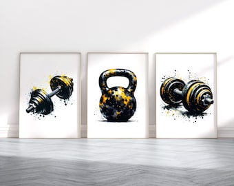 Fitness Print Set - 3 Gym Prints | Watercolour Design | Dumbbell Poster | Fitness Pictures | Kettlebell Home Gym Artwork | Weights Print