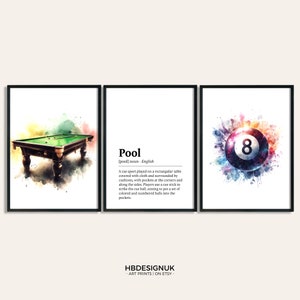 May include: A set of three watercolour prints featuring a pool table, a definition of the word "pool", and a black and white eight ball. The prints have a colourful watercolour background.