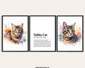 タビー猫ポスターセット - プリント3枚セット | 水彩プリント | ペットのプレゼント写真 | 猫の壁アート | 室内装飾 | 猫好きの方へのギフト | 誕生日