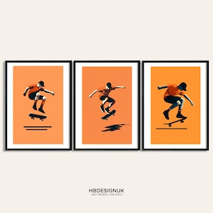 Arte mural de skateboarding naranja - Juego de 3 impresiones / Pósters de skateboarding / Decoración infantil / Obra de arte de skater / Regalos para dormitorio infantil