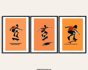 Orange Skateboarding Wall Art - Set of 3 Prints | Skateboard Posters | Kids Room Decor Gift | Skateboarder Artwork | Boys Bedroom Gifts