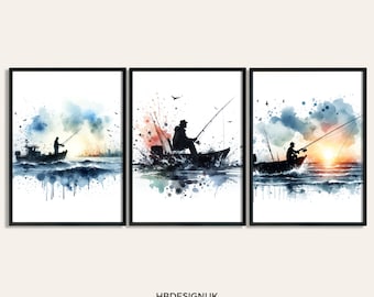 Fishing Poster Print - Set of 3 Fisherman Prints | Fishing Gifts for Men | Watercolour Prints | Father and Son | Fish Wall Art Artwork