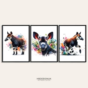 Okapi Print Poster - Set of 3 Paintings | Okapi Watercolour Prints | Paintings | Present Gifts for Him | Artwork Decor | Animal Wall Art