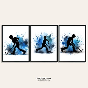 Hockey Wall Art Poster - Set of 3 Hockey Art Prints | Watercolour Hockey Wall Art | Boys Gift for Hockey Player | Hockey Room Artwork Print