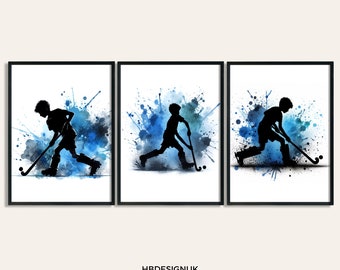Cartel de arte de pared de hockey - Conjunto de 3 impresiones de arte de hockey / Arte de pared de hockey en acuarela / Regalo para niños para jugadores de hockey / Impresión de obras de arte de sala de hockey