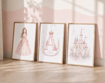 Girls Princess Name Prints - Set of 3 Personalised Nursery Decor, Pink Girl Wall Art