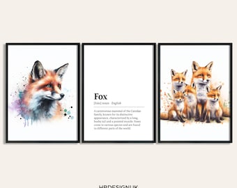 Set di poster di volpi - Set di 3 stampe / Stampa della famiglia di volpi ad acquerello / Decorazioni da appendere / Arte della parete di animali / Regali della fauna selvatica britannica / Opere d'arte di volpi
