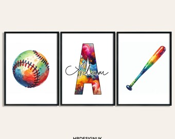 Personalisierte Baseball Prints - 3er-Set Poster | Jungen Mädchen Schlafzimmer Dekor | Benutzerdefinierte Base Ball Wandkunst | Kinderzimmer Dekor | Kinder Kunstwerk Geschenke