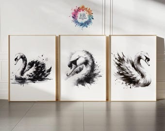Conjunto de impresiones de cisne blanco - Arte mural en acuarela / Ilustración de animales en blanco y negro / Decoración de cisnes en acuarela / Arte moderno / Impresiones abstractas