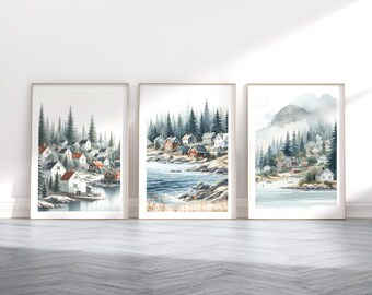 Conjunto de impresiones de pueblos nórdicos: 3 carteles de acuarela, arte mural escandinavo, diseño escandinavo, pintura de un pueblo junto a un lago, decoración de casas escandinavas