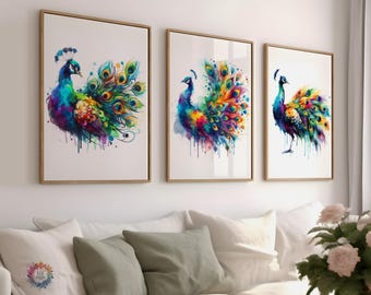 Watercolour Peacock Print Set - Set of 3 Posters | Watercolor Painting | Bird Artwork | Peacock Portrait Wall Art | Colorful Style | Gift
