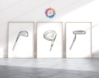 Minimalist Golf Prints - Set of 3 Golfing Posters | Gift for Golf Lover | Golfer Wall Art Decor | Golf Club Line Drawing | Golf Artwork