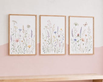 Girls Wildflower Nursery Decor - Set of 3 Floral Prints, Girl Flower Playroom Wall Art
