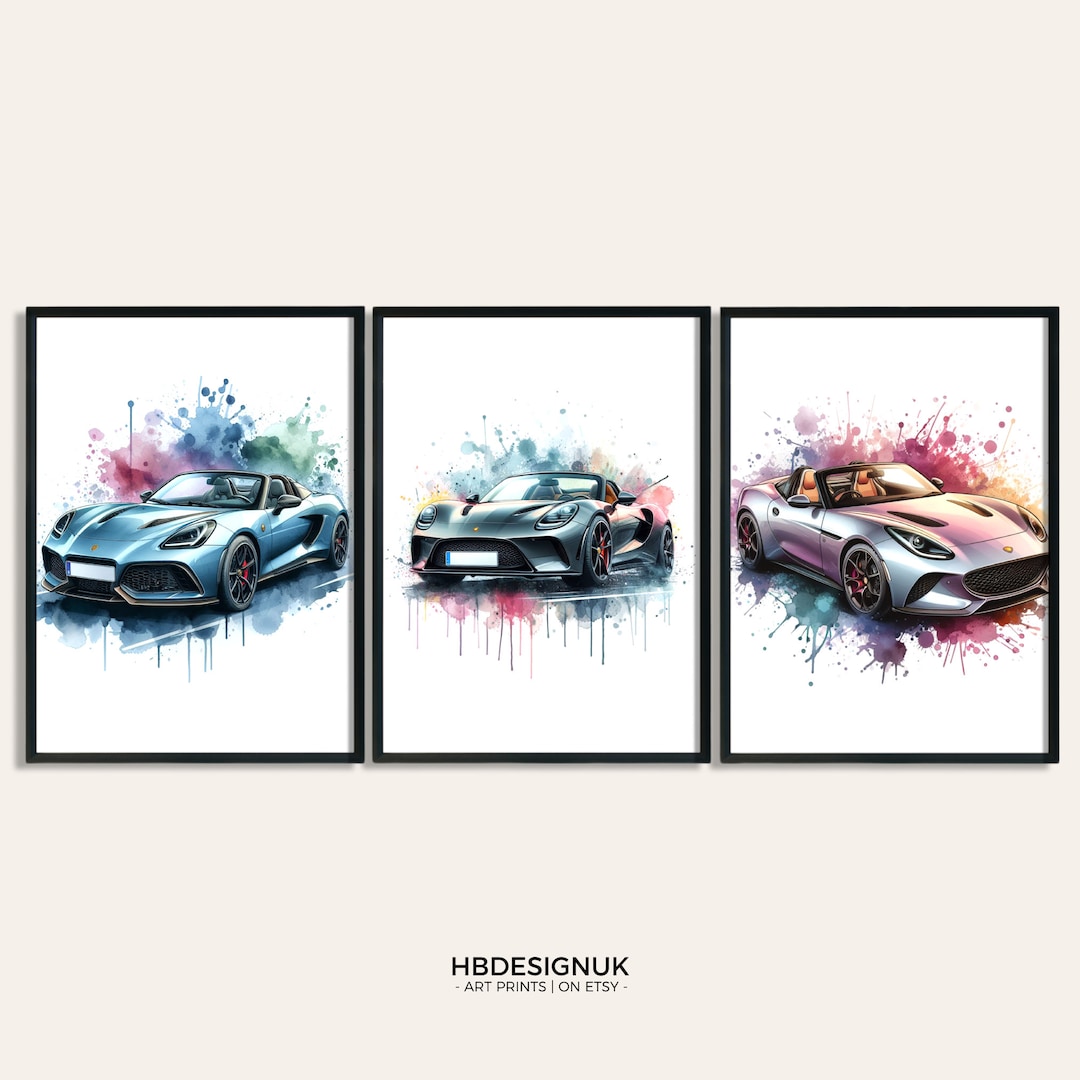 Classic Sports Car Wall Art Set - Set of 3 Car Posters | Watercolour ...