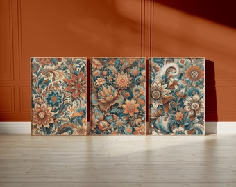 Indian Floral Print Set - 3 Posters | Flower Wall Art| Vintage Cultural Gifts| India Decor | Traditional Artwork Gift | Pichwai Prints
