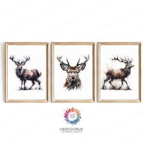 Stags Head Print Set - Watercolor Prints | Stag Deer Artwork | Modern Decor | Farmhouse Decor Wall Art  | Abstract Country Home Poster