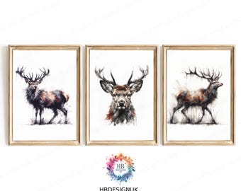 Stags Head Print Set - Watercolor Prints | Stag Deer Artwork | Modern Decor | Farmhouse Decor Wall Art  | Abstract Country Home Poster