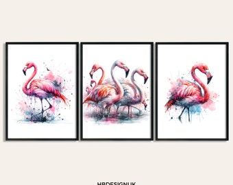 Cartel de impresión de acuarela de flamenco - Conjunto de 3 pinturas / Impresiones de flamencos / Pinturas / Regalos de acuarela / Decoración de obras de arte / Arte de pared de pájaros