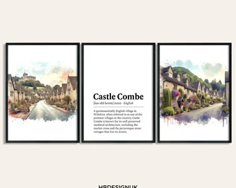 Castle Combe Print Set - Set of 3 Watercolour Posters | The Cotswolds Travel Prints | Wiltshire Poster | Coombe UK Wall Art | Artwork Decor
