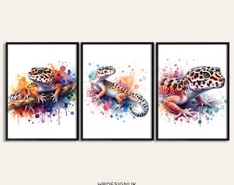 Leopardgecko Poster Set - 3 Aquarell Drucke | Eidechse Wandkunst | Kunstwerk Dekor | Lebendige Tierwandkunst | Bunte Geschenke | Geschenk