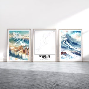 Whistler Ski Print Set - Poster aquarelle de carte des Alpes | Oeuvre d'art murale de voyage | Cadeaux de ski | Colombie-Britannique | Centre de villégiature | Illustrations de snowboard