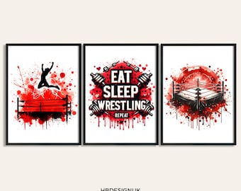 Worstelposterset: set van 3 worstelaarafdrukken | Posters slaapkamerdecoratie jongens | Worstelcadeaus kinderen | Kunstwerk | Ontwerpen foto's muurkunst