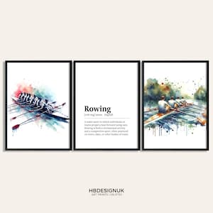 Puede incluir: Un conjunto de tres impresiones de acuarela que representan a un equipo de remo en un bote en un lago. La impresión del medio incluye la definición de la palabra "remo" en inglés. Las impresiones están enmarcadas en marcos negros.