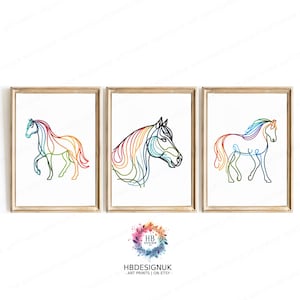 Horse Line Art Prints - Conjunto de 3 pôsteres de cavalos | Estampas de pôneis | Estampas de quarto de menina | Decoração de quarto | Arte minimalista | Presente de estampa colorida