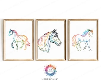 Conjunto de 3 pôsteres de cavalos em estilo minimalista | Impressões de pôneis | Decoração para quarto de menina | Decoração para quarto | Arte minimalista | Presente colorido