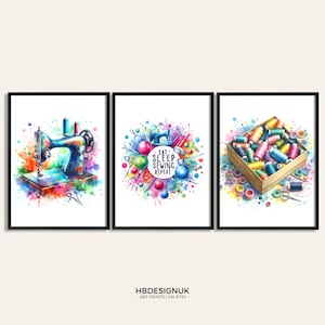 Arte mural de costura: juego de 3 impresiones, impresión en acuarela, imagen de costura, pósteres, decoración de sala de manualidades, regalo para amantes de la costura, regalo de cumpleaños