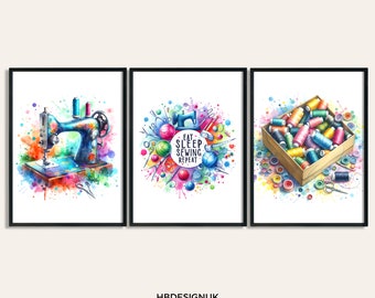 Sewing Wall Art - Set of 3 Prints | Watercolour Print | Sewing Picture | Posters | Craft Room Decor | Gift Sew Lover | Birthday Gift