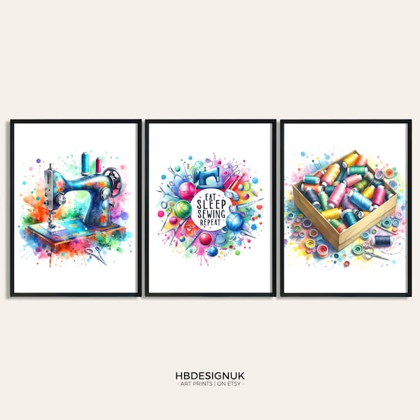 Sewing Wall Art - Set of 3 Prints | Watercolour Print | Sewing Picture | Posters | Craft Room Decor | Gift Sew Lover | Birthday Gift