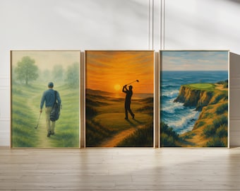 Golf Print Set - 3 Prints | Scenic Golf Decor for Home, Office or Man Cave | Golfer Gift | Golfing Poster | Retro Unframed Wall Art