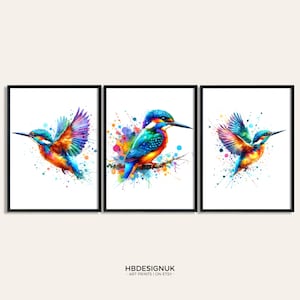 Juego de pósteres vibrantes de martín pescador: 3 impresiones de aves, pintura de martines pescadores en acuarela, imagen decorativa, arte de pared de animales, regalos de vida silvestre, impresión