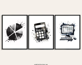 Könnte beinhalten: Ein Set aus drei gerahmten Kunstdrucken mit schwarz-weißen Illustrationen im Aquarellstil. Der erste Druck zeigt ein Tortendiagramm, der zweite einen Taschenrechner und der dritte einen Computerbildschirm mit einer Tabellenkalkulation.