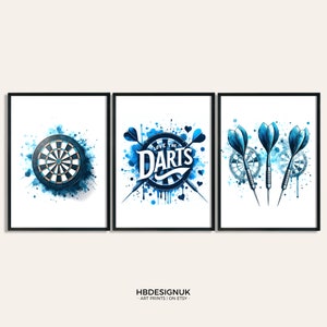 Darts Art Print - Love the Darts | Darts Fan Gift | Blue Watercolour Posters | Darts Lover Gift | Bedroom Prints | Decor Set of 3